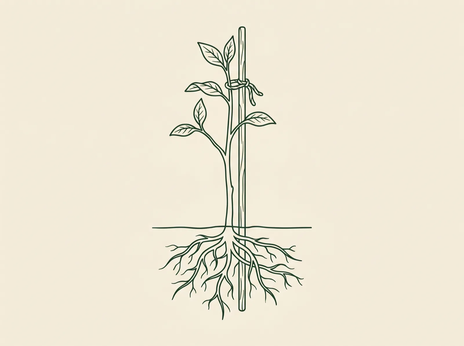 Fine-line illustration of a staked sapling with its roots exposed, symbolising personalised growth