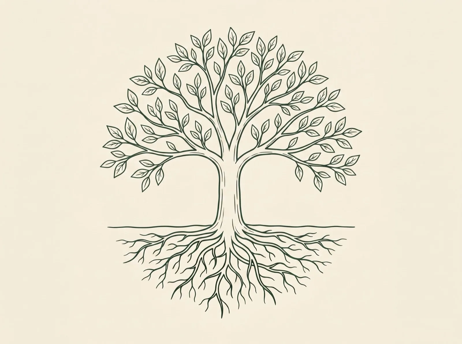 Fine-line illustration of a mature tree with a full canopy and a deep, mirrored root system, symbolising organisational-scale impact