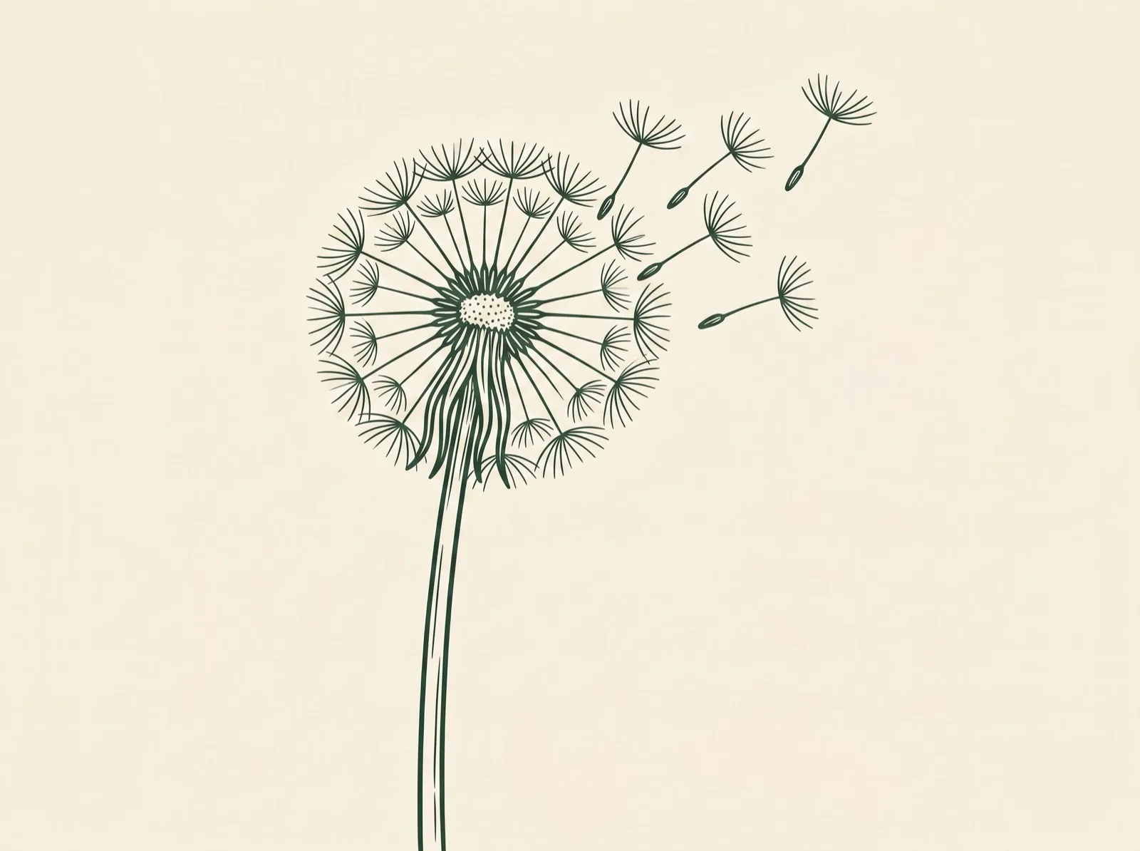 Fine-line illustration of a dandelion seed head releasing seed on the wind, symbolising one voice reaching a room